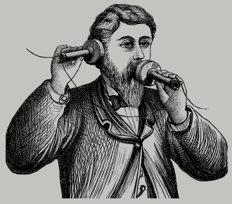 Antique etching of a bearded man in a suit using an antique telephone